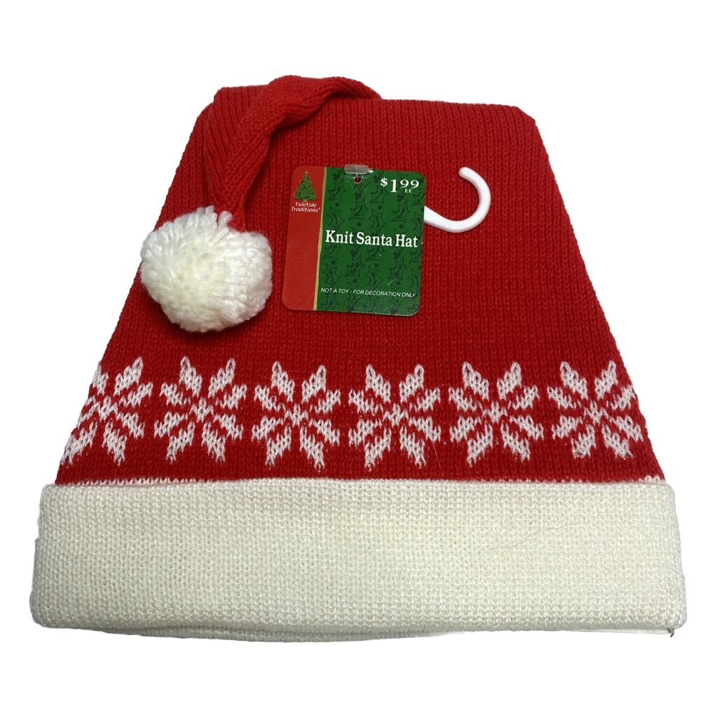 2 VTG NOS Santa Christmas‎ Cap Hat Stocking Red Knit Snowflakes Pom Pom Sweater